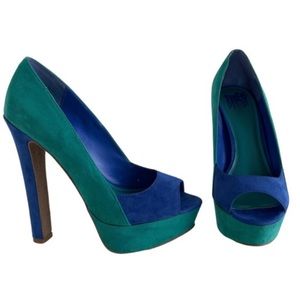 Free Press Suede Color Block Peep-Toe Platform Stiletto Heels Blue Teal Size 6